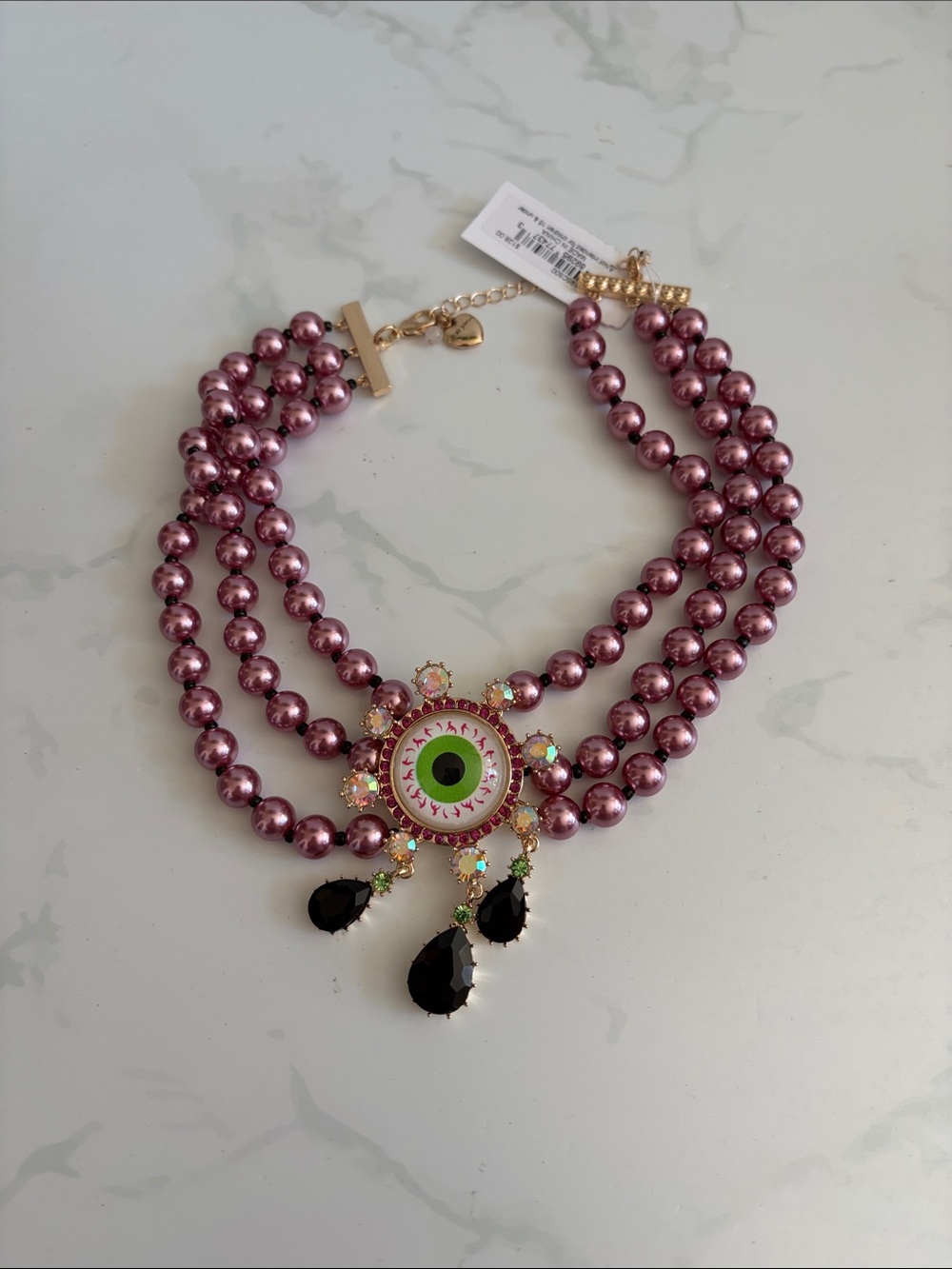 Betsey Johnson Halloween Eyeball Pearl Statement Necklace Green Evil Eye NWT